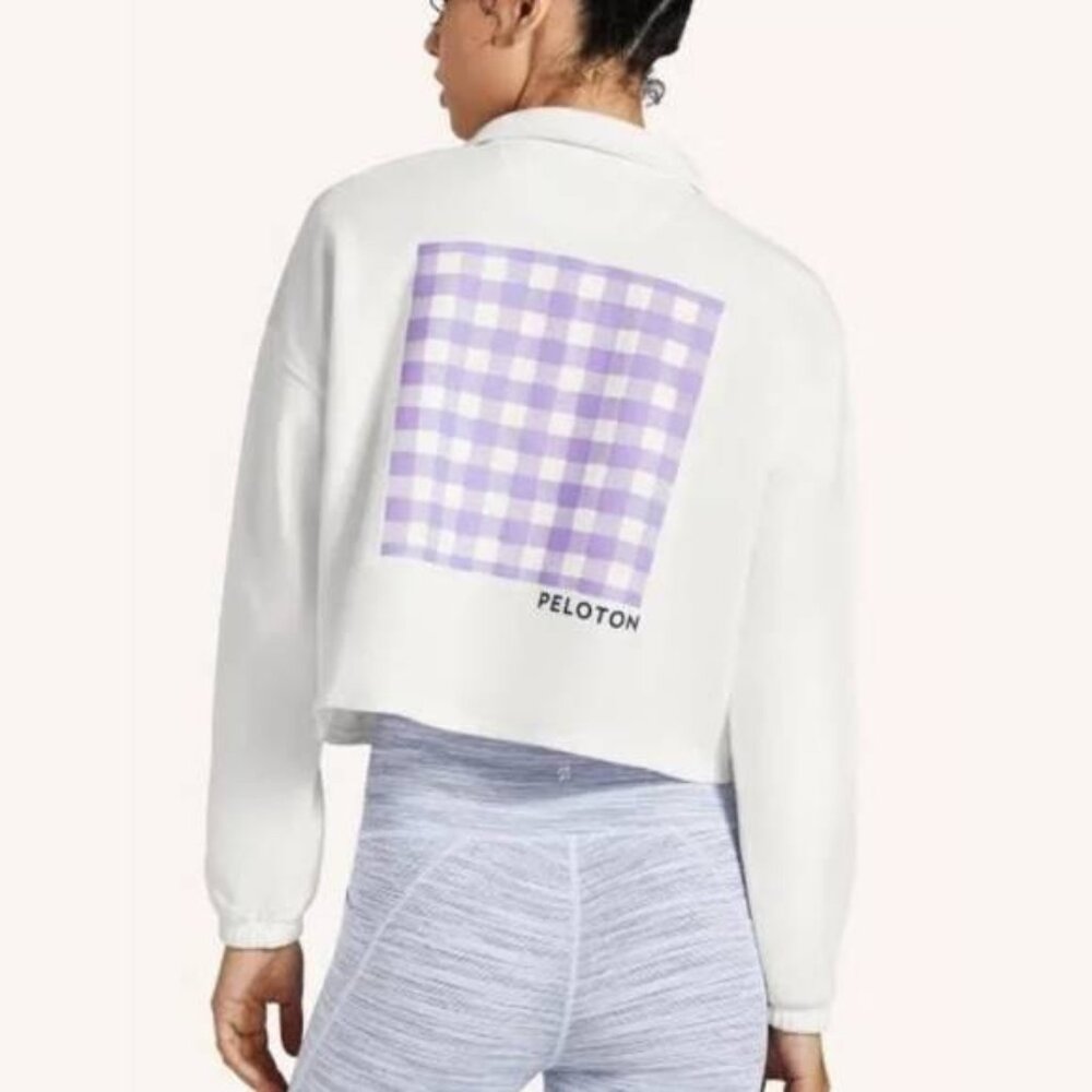Peloton Polo Sweatshirt Long Sleeves Pullover in White with Checkered Graphic